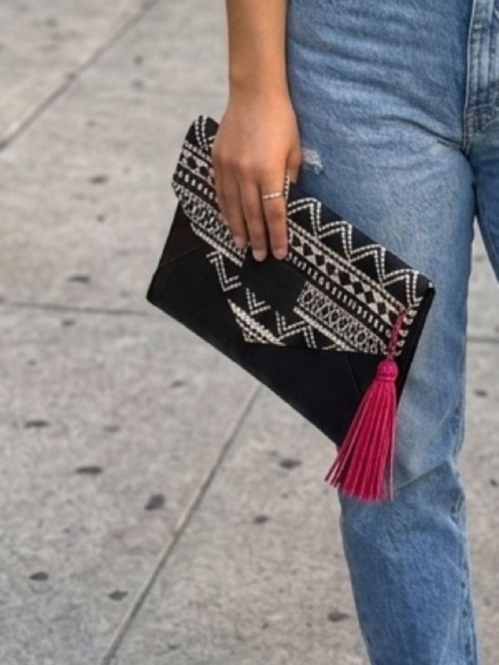 Angel Ozano Mexican Art Black White Geometric Clutch Pink Heart Tassel Keychain